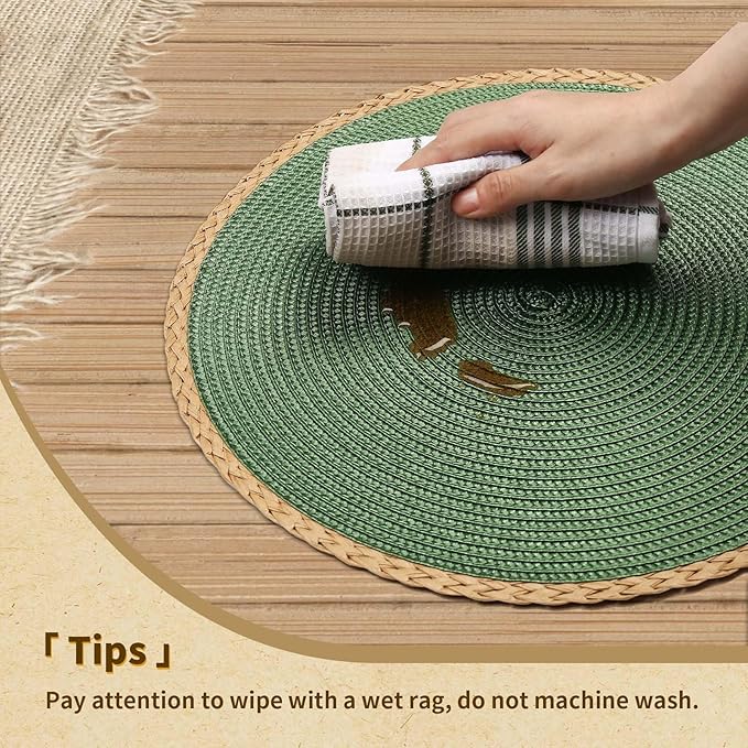 Noctiflorous Round Braided Placemats Set of 6 Table Mats 15 Inches Washable Heat Resistant for Dining Table Non-Slip Indoor Outdoor Place Mats for Thanksgiving Christmas Easter(Green Thin Edge 6)