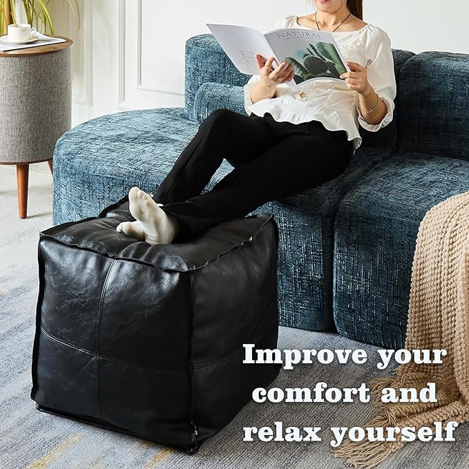 Louis Donné Unstuffed Pouf Cover, Handmade Faux PU Leather Moroccan Pouf Ottoman, Black 17.7" Square Ottoman Foot Rest for Living Room, Floor Chair for Christmas Decorations, ONLY Cover