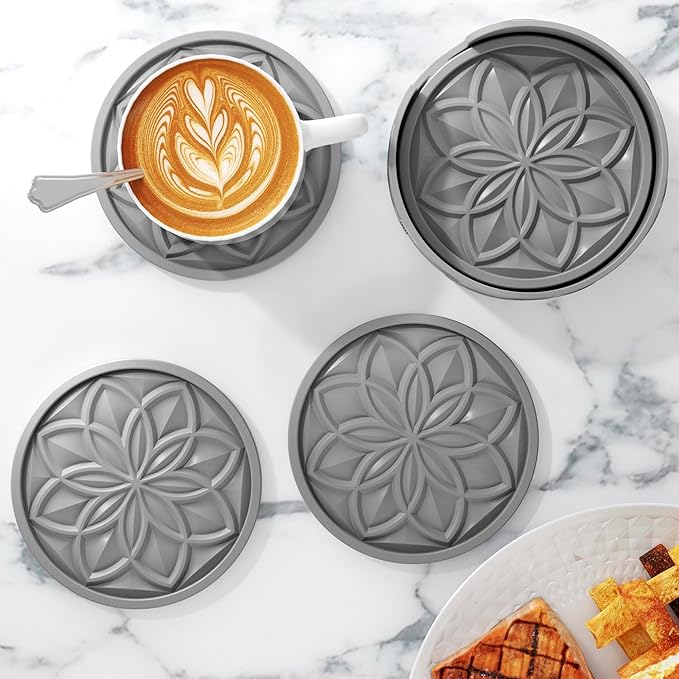 HFHOME Silicone Coasters Set, 4 Pcs Drink Coasters for Coffee Table, Bar Tabletop Protection - Dark Gray