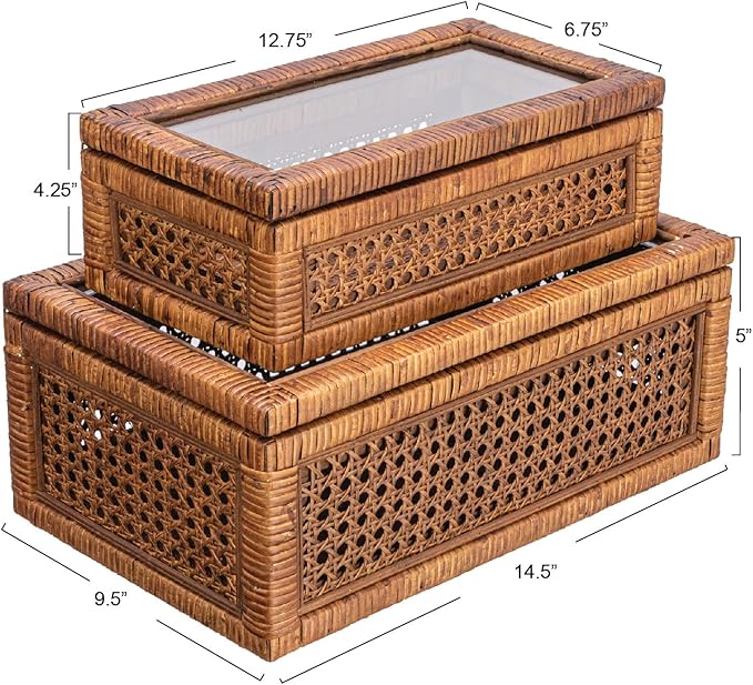 Creative Co-Op Modern Decorative Rectangle Woven Rattan and Wood Display Boxes with Glass Top, Set of 2 Sizes, Dark Brown Finish, Rectangular