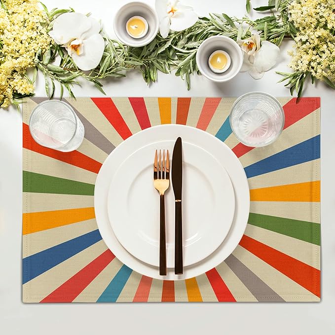 Colorful Boho Placemats Set of 6 Rustic Retro Rainbow 70s Sun Linen Washable Kitchen Dining Table Mats Stain Heat-Resistant Desktop Decor Place Mats for Home Party Indoor 12x18 in