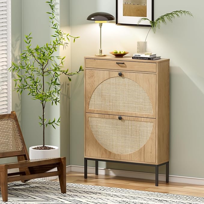 Yechen Shoe Rack Storage Organizer with 2 Natural Semi-Circular Rattan Doors, Large Entryway Wooden Shoe Cabinet for Sneakers, Leather Shoes, Slippers (1 Piece, Light Beige)