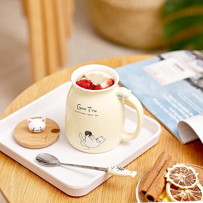 SHENDONG 2 Pack Cat Mugs Cute Ceramic Coffee Cups Set of 2 with Kawaii Bamboo Lid and Spoon Novelty Morning Cup Coffee Milk Tea Mugs - 3d Animal Cat Mugs for Cat Lovers Women Gifts(Blue and Yellow)
