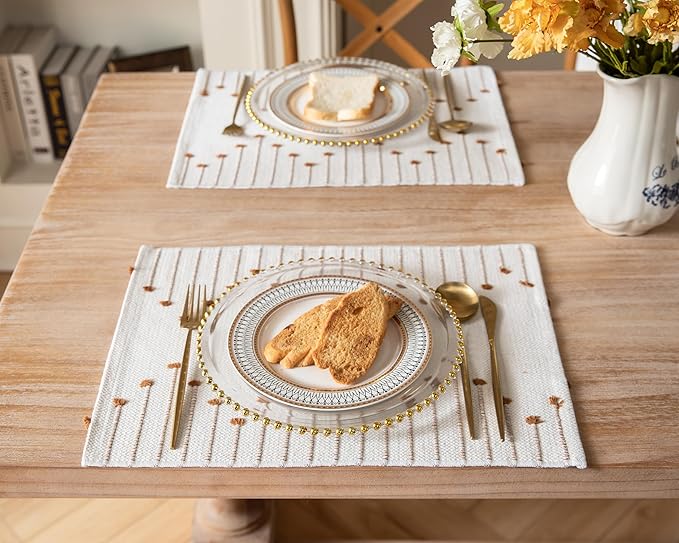 Placemats Set of 6 for Dining Table Décor, Woven Cloth Place Mats for Farmhouse Kitchen Tabletop, Handcrafted Machine Washable Cotton Table mats 13 x 19 Inch, Brown and Beige