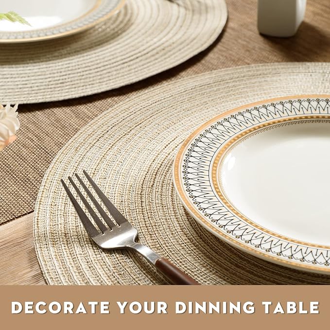 FunWheat Round Braided Placemats Set of 4 Place mats for Dining Tables Woven Heat Resistant Table Mats 15 inch (E Beige, 4pcs)