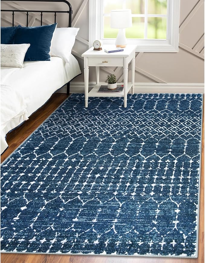 Lahome Moroccan Blue 3x5 Non-Slip Washable Soft Rug for Bedroom Floor Throw, Geometric Print Distressed Indoor Modern Rug for Entryway, Dining Room, Bathroom