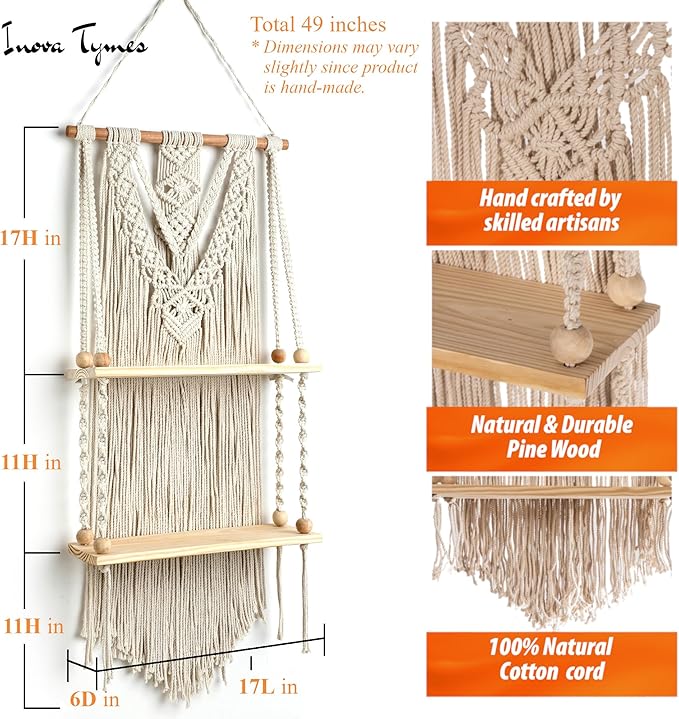 Macrame Wall Hanging Shelf - Boho Shelves Bedroom Decor | Macrame Wall Decor for Kitchen, Plant Hanger Shelves for Wall, Woven Rope Floating Shelves & Home Storage Organizer - 2 Tier