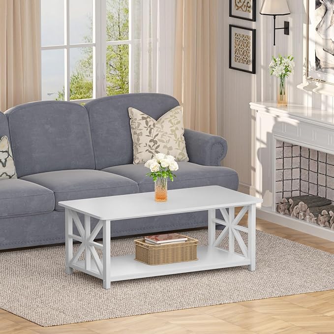 GreenForest Coffee Table for Living Room with Round Corners Farmhouse Style Center Table with Storage Shelf 39 Inch Space Saving Easy Assembly Full White
