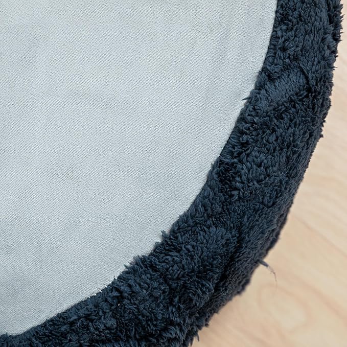 Fluffy Round Ottoman Pouf with All-in-One Foam Filling 20" x 14" Furry Ottoman Foot Rest Foot Stool for Living Room or Bedroom (Navy Blue)