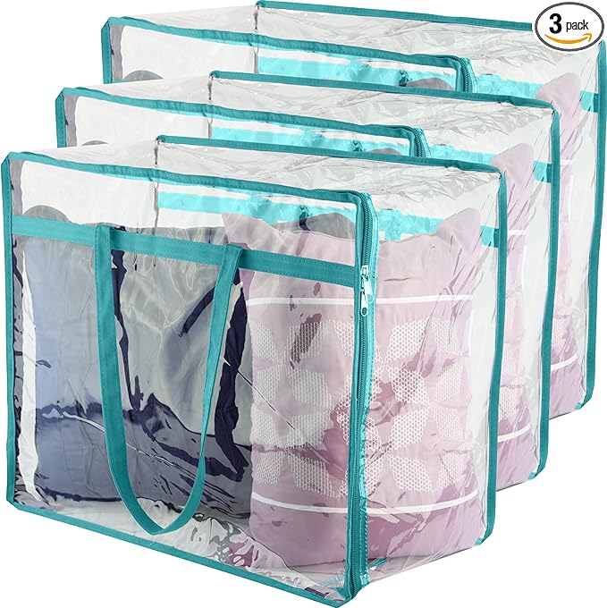 Clear Vinyl Zippered Storage Bags (3-Pack) 40L Sturdy Storage Bags for Sweaters, Blankets, Comforters, Bedding Sets and Much More! (Turquoise, 18x15x9)
