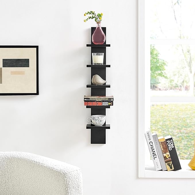 Danya B 5 Tier Wall Shelf Unit Narrow - Vertical Column Ladder Shelf, Floating Storage, Home Decor Organizer, Tall Tower Design, Utility Shelving, Bedroom, Living Room (Black)