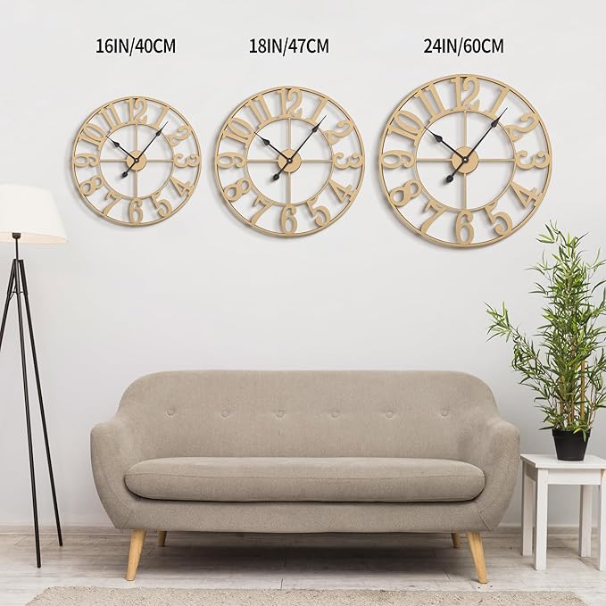 LEIKE 31 Inch Extra Large Wall Clock - Retro Decorative Oversized Farmhouse Arabic Numerals Silent Little Ticking Battery Operated Gold Metal Wall Clocks for Living Room,Office,Entrance Decor