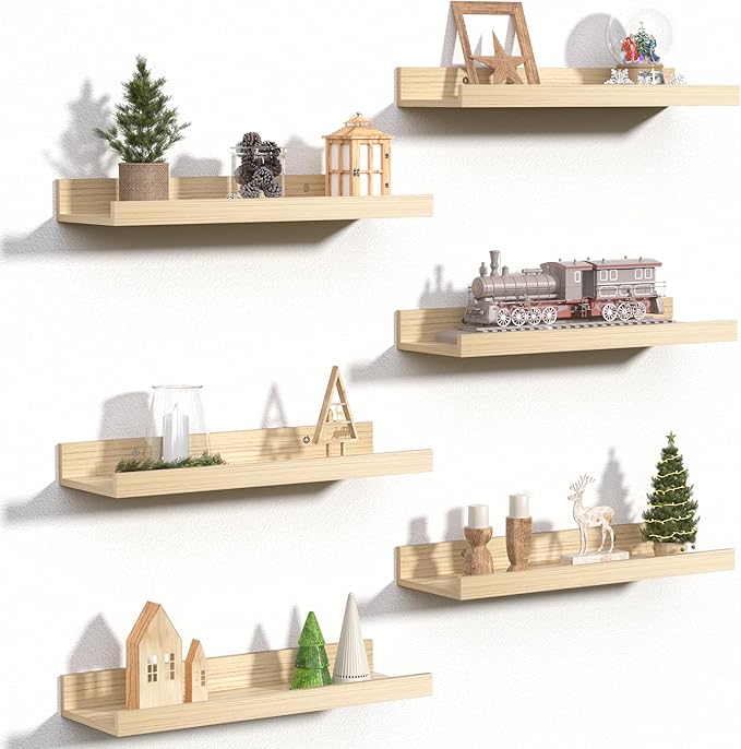 upsimples Floating Shelves for Wall, Wall Shelves for Decor Storage Set of 6, Wall Mounted Wood Shelves for Bedroom, Living Room, Bathroom, Kitchen, Picture Ledge Shelves, Natural