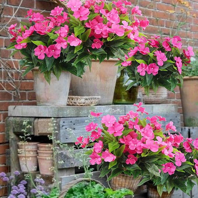 4 Pcs Artificial Flowers Outdoor Impatiens UV Resistant Silk Impatiens Flowers Rose Red Faux Flowers Impatiens Bushes Artificial Impatiens for Pot Patio Lawn Garden Hanging Basket Porch Decor