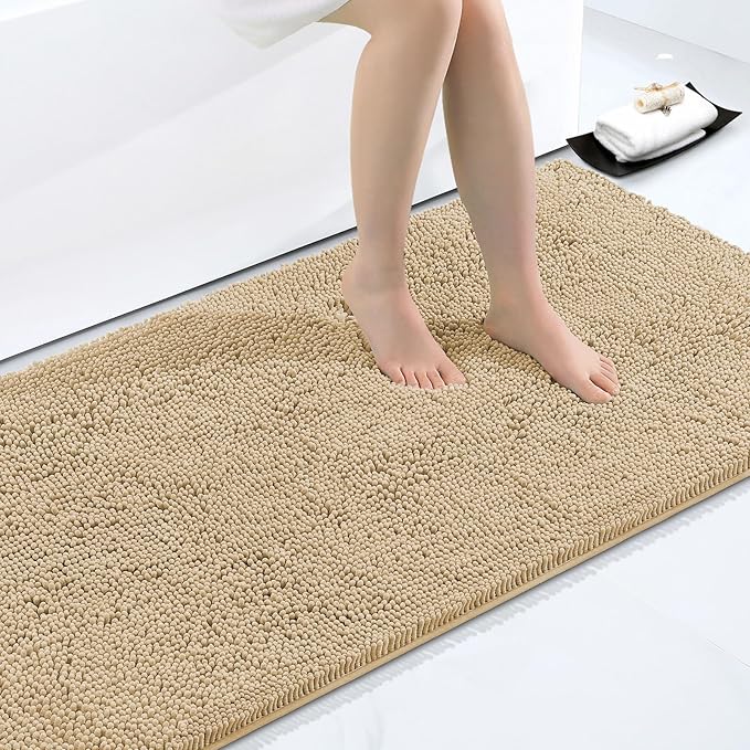 Smiry Luxury Chenille Bathroom Rugs 59x35, Extra Soft and Absorbent Shaggy Bath Mat, Machine Washable, Non-Slip Plush Carpet Runner for Tub, Shower, and Floor, Home Decor Accessories, Beige