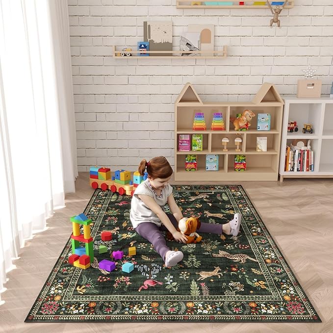 Area Rug 4x6 Rug Washable Boho Rugs Non Slip Low Pile Floral Animal Small Carpet for Bedroom, Bedside, Kids Room, Office, Dining Room (Green)