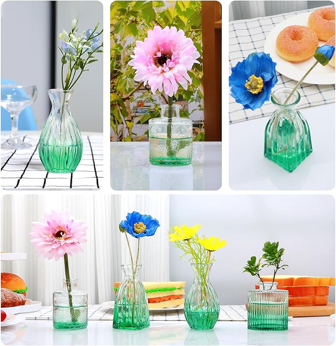 Mapoxy Glass Bud Vases Set of 4,Small Green Flower Vases for Wedding Centerpiece Table Decorations,Clear Vintage Embossed Mini Vases,Flower Arrangements in Vases for Party or Home Decor
