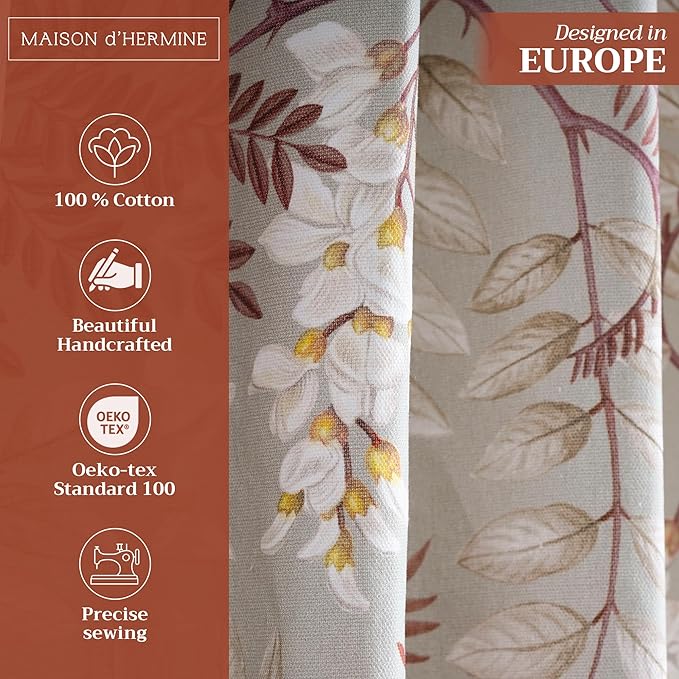 Maison d' Hermine Curtains for Living Room 100% Cotton 124 inch Length One Panel Light Filtering Curtains for Bedroom Windows with Rod and Loop Pockets Drapes (Feuillage Light Taupe, 50" W x 124" L)