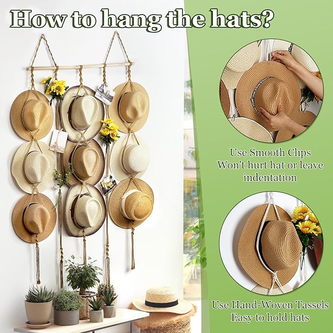 Macrame Hat Organizer Rack for Wall 15 Clips 31x53in Large Fedora Hat Hangers Display for Wide Brimmed Hat Holder Storage Boho Decor for Fedora Sun Straw Panama Closet Bedroom Brown