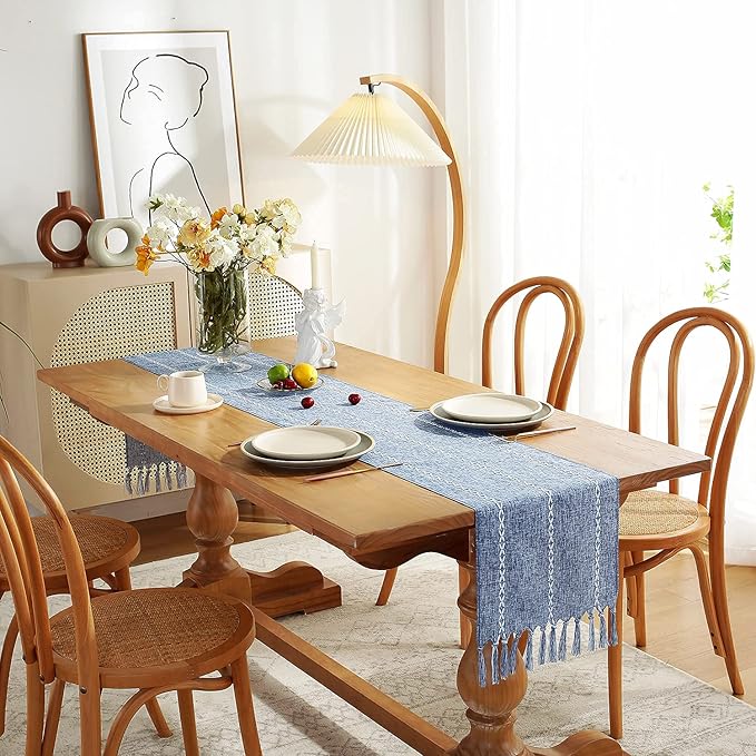 Chassic Rustic Farmhouse Style Linen Table Runner, Boho Handmade Tassel Embroidery Table Runners 72 Inches Long for Holiday Party, Dresser and Dining Decorations, 13 x 72 inch - Blue