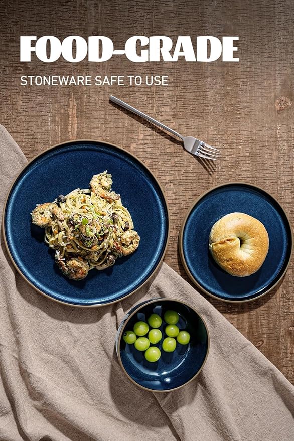 Famiware Nature Plates and Bowls Set, 24 Pieces Dinnerware Sets, Dishware Sets, Dishes Set for 8, Microwave and Dishwasher Safe, Midnight Blue