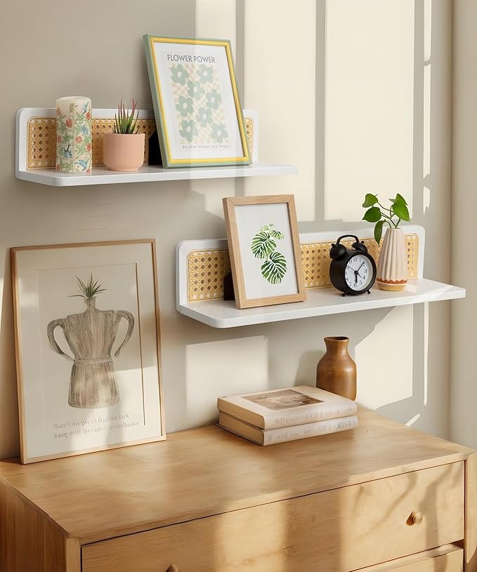 Rattan Floating Shelves, 23.6 Inch Boho Cane Webbing Wall Shelves Farmhouse Display Storage Organizer White Bookshelves Wicker Room Decor for Living Room Bedroom Entryway Hallway, Set of 2