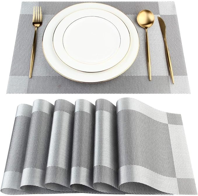 DACHUI Placemats Set of 4, Linen Look Woven Place Mats, Water Resistant, Heat Resistant, Washable, Durable Table Mats (Silver Grey)