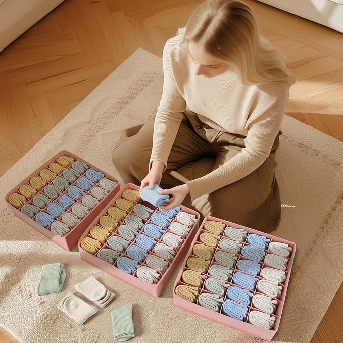 Joyoldelf 4-Pack Pink Fabric Dresser Drawer Organizers, 24-Cell Sock Drawer Divider, Non-woven Material