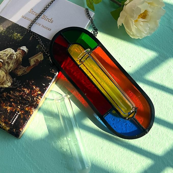 LITMIND Hanging Planter Terrarium with Vibrant Stained Glass Suncatcher Elements, Hydroponic Mini Plants Propagation Station - Perfect for Home & Garden Decor, Includes 2 Glass Propagation Tube