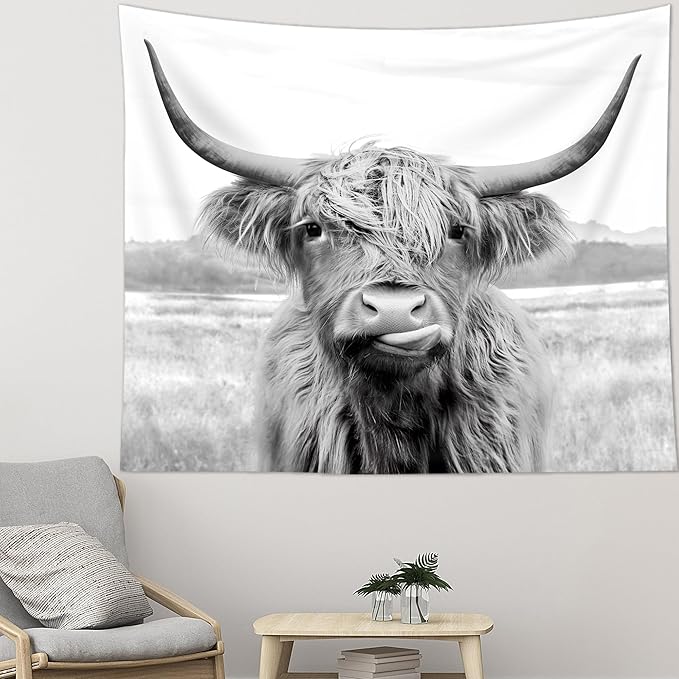 AMBZEK Highland Cow Tapestry, 51Hx59W Inch, Funny Western Decor, Wall Art for Bedroom, Dorm, Living Room