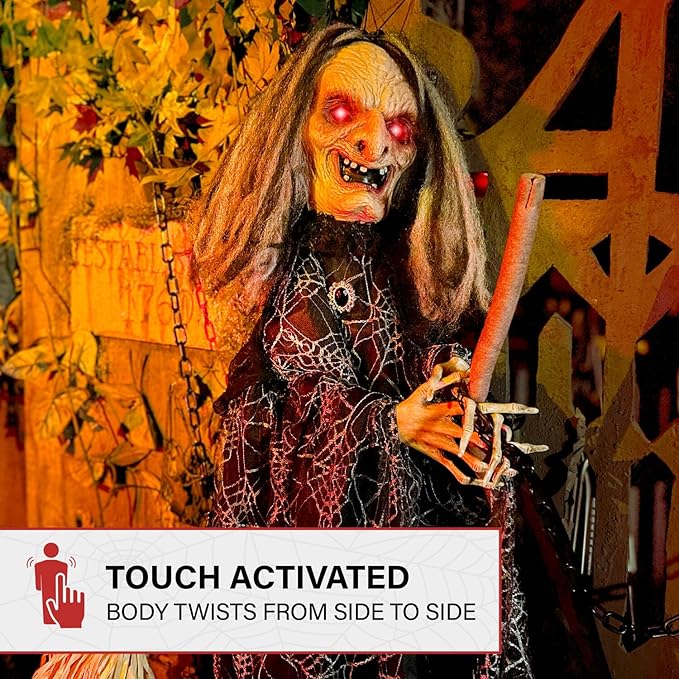 Haunted Hill Farm Animatronic Scary Witch Door Greeter with Touch Activated Lights and Sound, Battery-Operated Indoor or Covered Outdoor Halloween Decoration
