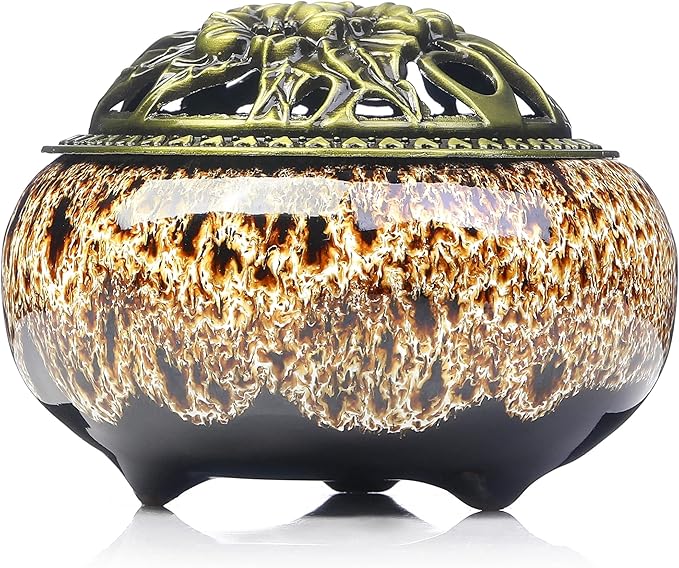 Incense Burner with Calabash Incense Stick Holder - Porcelain Charcoal Censer for Use with Resin Granular Powder Cone or Coil Incense (New Fambe Gray)