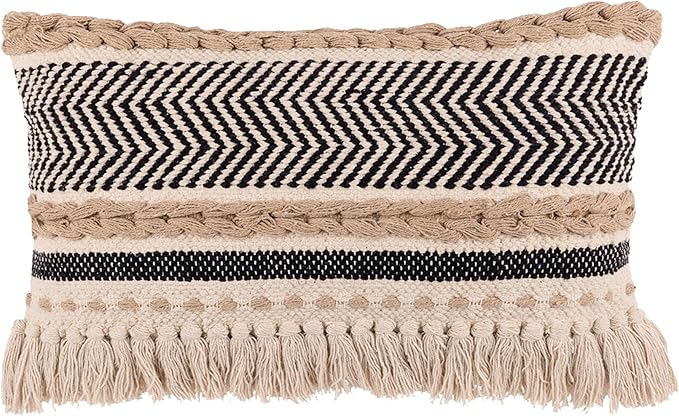REDEARTH · Boho Textured Throw Pillow Cushion Covers - Lumbar Woven Tufted Decorative Farmhouse Cases Set for Couch, Sofa, Bed, Chair, Dining, Patio, Outdoor; 100% Cotton (12"x20", Black) Pack of 2