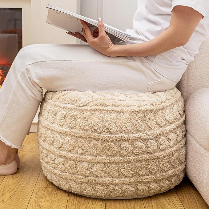 Round Pouf Ottoman Foot Rest 20x14 Inches Soft Heart Printed Footstool Ottomans for Living Room Comfort Floor Pouf Modern Foam Stuffed Poofs Perfect to Rest Your Feet for Couch Desk Light Coffee