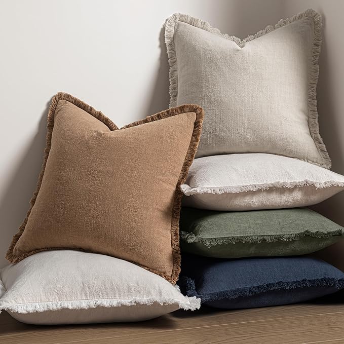 MIULEE Decorative Throw Pillow Covers Neutral Linen Fringe Throw Pillows Set of 2 Natural Beige Boho Farmhouse Cushion Covers with Tassels for Couch Sofa Bed Living Room Spring Home Decor 18x18 Inch