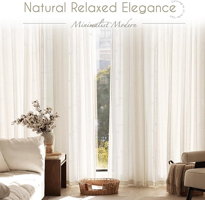 2 Panels Set Cream Linen Curtains 108 inches Long For Living Room Neutral Farmhouse Light Filtering Semi Sheer Linen Drapes 108 inch Ceiling To Floor For Large Window Villa Hallway Ivory FT 42x108