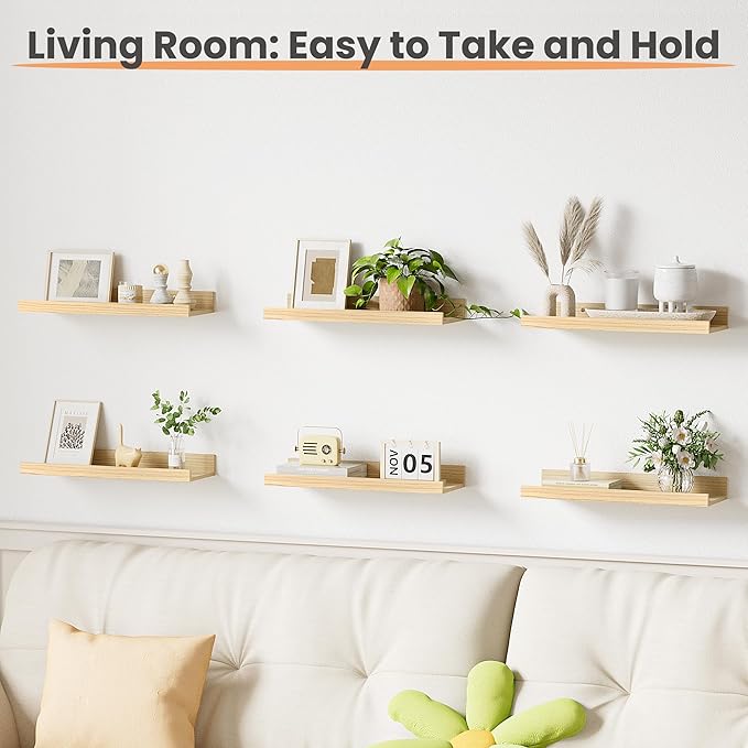 upsimples Floating Shelves for Wall, Wall Shelves for Decor Storage Set of 6, Wall Mounted Wood Shelves for Bedroom, Living Room, Bathroom, Kitchen, Picture Ledge Shelves, Natural