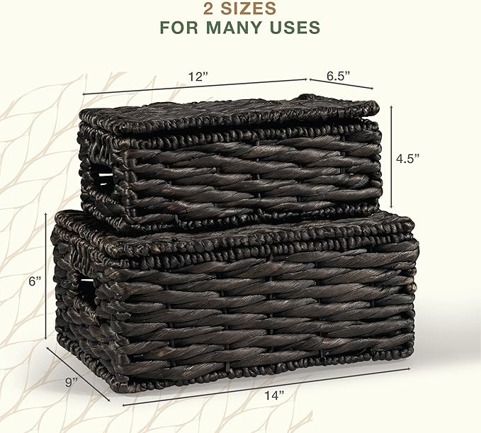 Wicker Basket with Lid - Decorative Storage Boxes for Home Decor, Shelves - Woven Basket with Lid - Wicker Decor - Rattan Box - Decorative Bins with Lids (Black)