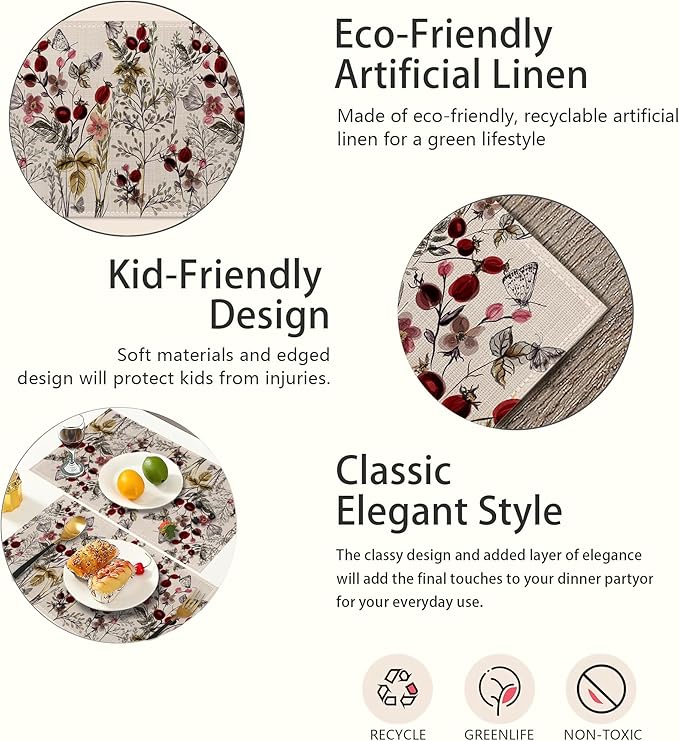 Vintage Floral Plant Placemats Set of 6,Butterfly Flower Linen Washable Kitchen Dining Table Mats Heat Resistant Place Mats for Home Party Indoor Holiday 12x18 Inch