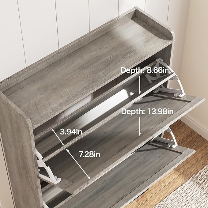 Maupvit Shoe Cabinet with 2 Flip Drawers, Freestanding Shoe Cabinet Organizer with Metal Legs, Shoes Storage Cabinet for Entryway, Narrow Shoe Rack Cabinet, Washed Gray