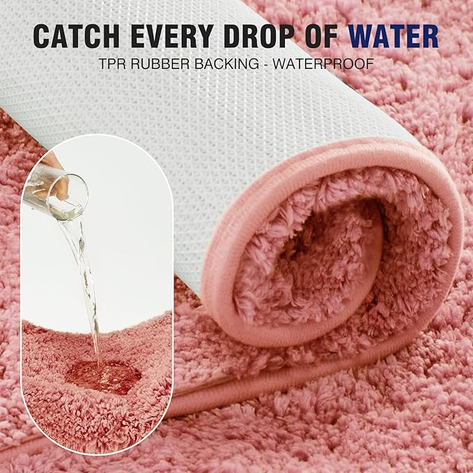 TECHMILLY Super Soft Shaggy Bathroom Runner Rugs, Absorbent Thick Non Slip Microfiber Bath Rugs, Quick Dry Machine Washable Bath Mat for Hallway Bathroom Floor, Bathtub and Shower 17"x47" Pink