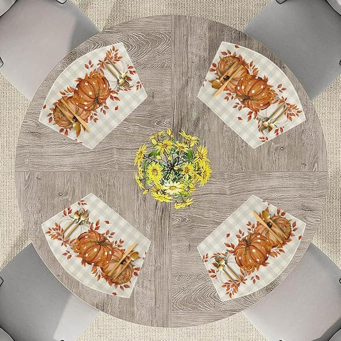 Artoid Mode Orange Buffalo Plaid Pumpkin Leaf Round Table Wedge Placemats Set of 4, Seasonal Fall Kitchen Dining Table Decoration for Indoor Party Home