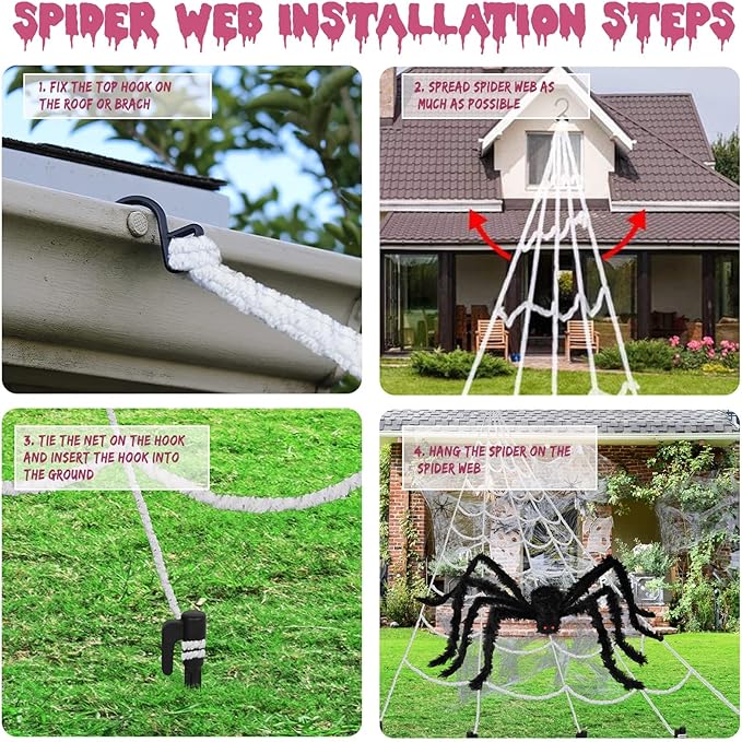 Halloween Spider Web and Giant Spiders Decorations Set Triangle Spider Web & Realistic Scary Fake Large Hairy Black Spider Props for Indoor/Outdoor Porch & Yard Parties Haunted House Halloween Décor