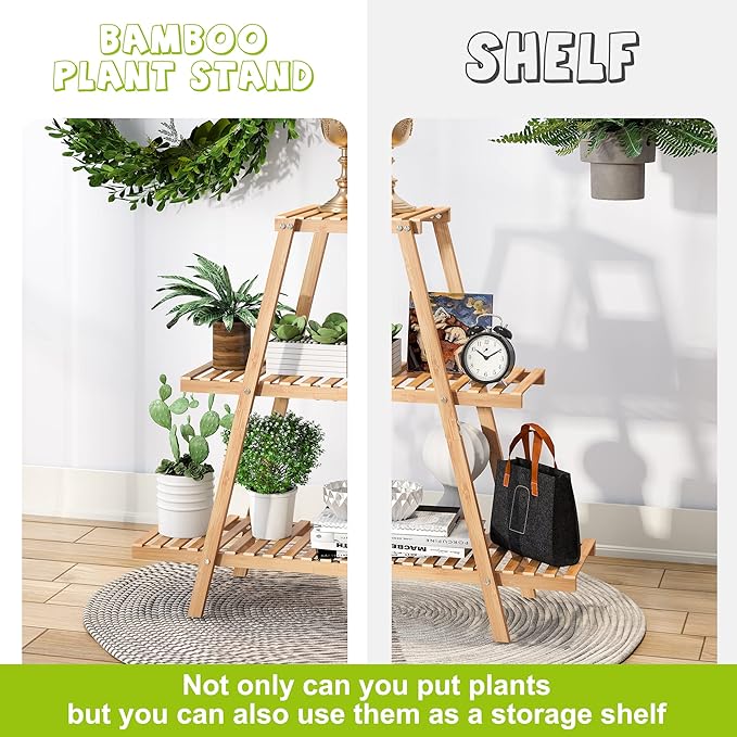 BMOSU Plant Stand Bamboo for Indoor Outdoor Tiered Plant Shelf 8 Potted Flower Holder Ladder Rack Garden Balcony Living Room Patio(3 Tier Natural)