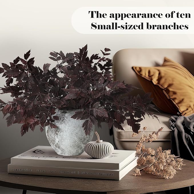 Lyrow 6 Pack Artificial Cimicifuga Plant Leaf Spray Faux Plum Cimicifuga Ramosa Leaf Branch Faux Fall Spray Silk Plants for Home Vase Wedding Garden Farmhouse Table Mantel Decor (18 Inches)