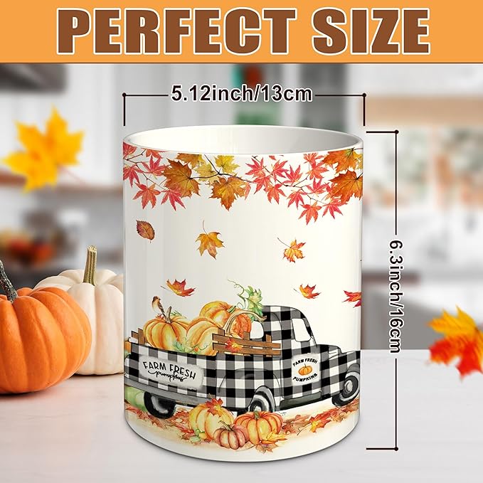 pinata Fall Kitchen Decor Ceramic Utensil Holder, Farmhouse Fall Truck Pumpkin Utensils Holder, Ceramic Utensils Crock for Rustic Indoor Kitchen Decorations(6.3 Inches)