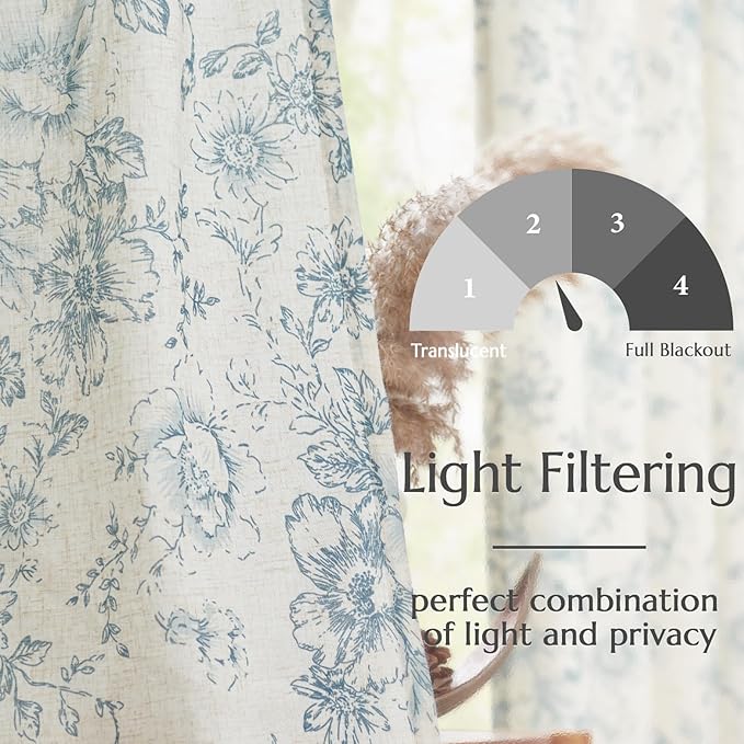 jinchan Linen Floral Curtains Extra Wide for Patio Sliding Glass Door Room Divider Curtain for Living Room 96 Inch Length Farmhouse Peony Blue Printed Curtain Set 1 Panel