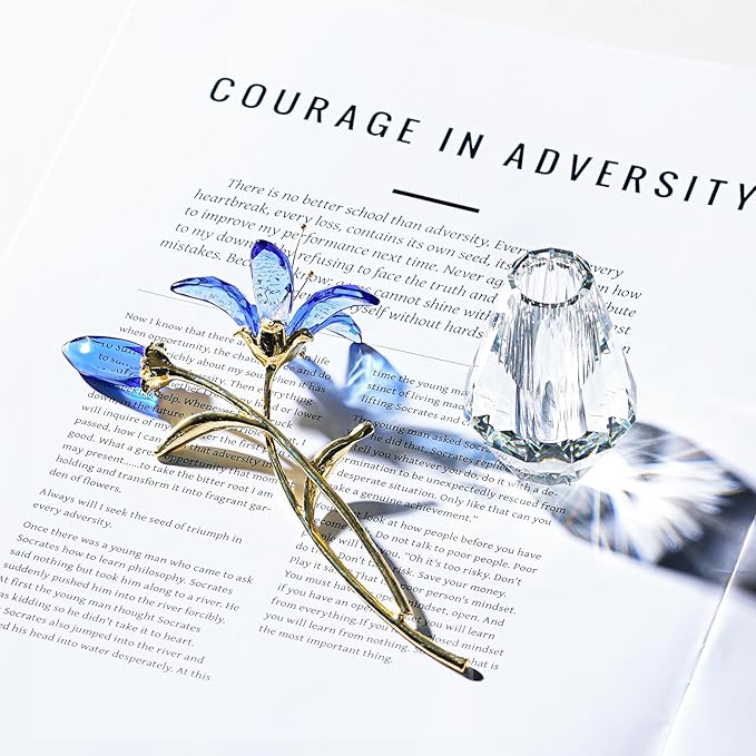 Crystal Lily Figurine, Glass Flowers with Stem,Flower Collectible Gifts for Woman, Wedding Party Decor(Blue)