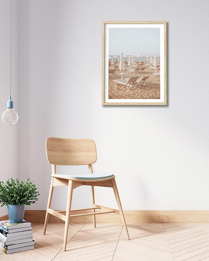Natural OAK Wood Framed Italy Beach Wall Art,12x16in Amalfi Coast Canvas Wall Print,Positano Seascape White Beach Chair Wall Decor for Living Room, Bedroom,Office Gallery Set of 1