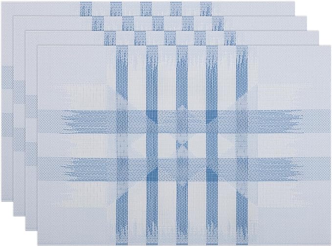 Winknowl Placemats Set of 4, Heat Resistant Stain Resistant Woven Vinyl Insulation Place mats, Durable Washable Elegant Table Mats for Kitchen Dining Table Decor (Geometric Blue)